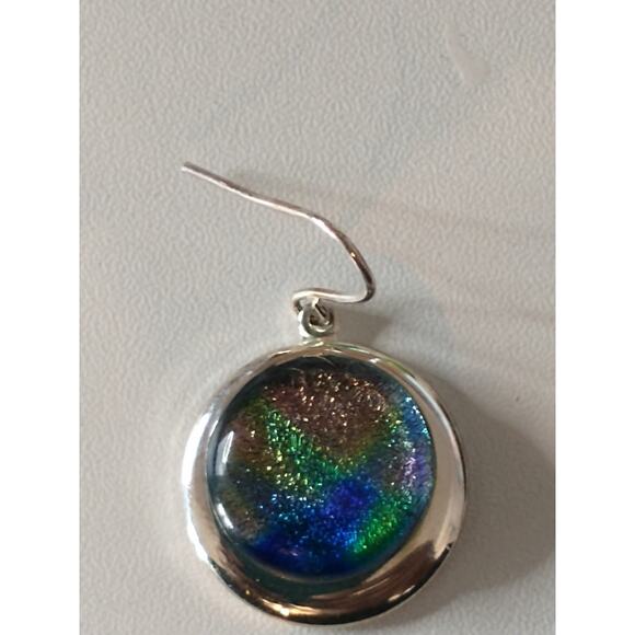 Fused glass round dangle iridescent earrings silver tone pretty shimmer - Picture 6 of 9